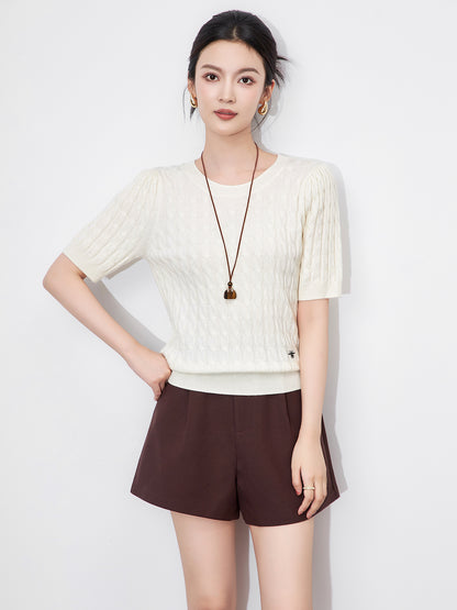 Soft Cashmere Women's Round Neck Solid Color Half Sleeve Autumn Winter New Knitted Twist Mid Sleeve Cashmere Sweater Base Layer