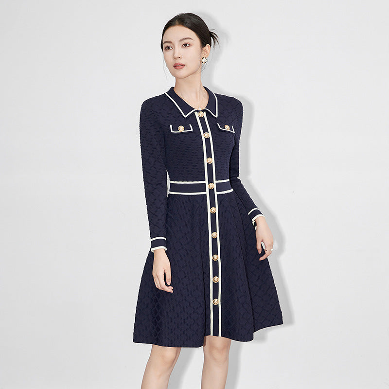 Elegant Knitted Dress Slim Fit Round Neck A- Line Skirt Inner Wear Floral Embroidery Hook Design Midi Dress for Women