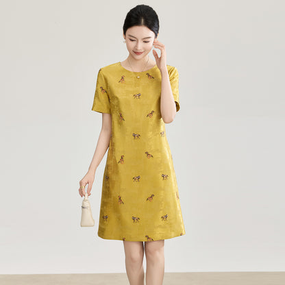 Elegant French Style Butterfly Embroidery Silk A- Line Dress Women's Midi Skirt Slimming Effect round Neck Short Sleeve Dress