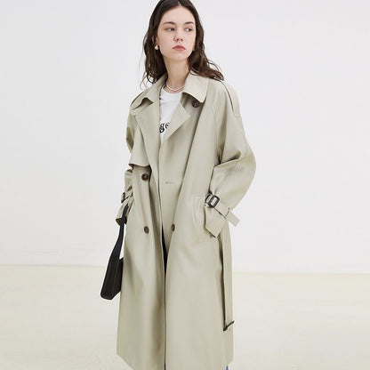 Double Breasted Loose Mid-length Trench Coat Solid Color Commute Fashion Elegant Women's Clothing