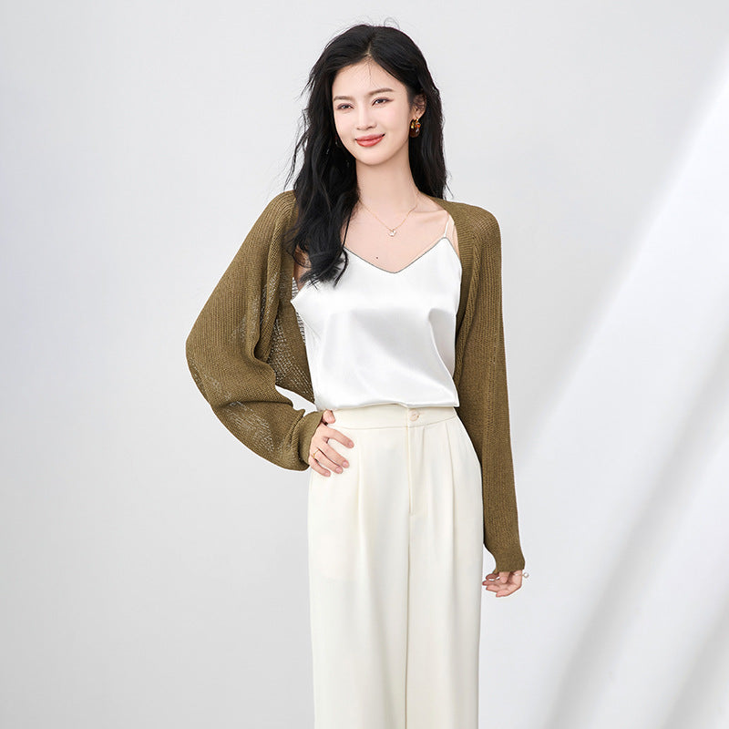 French Ice Silk Knitted Sun-Proof Cardigan Top Women's Summer Thin Jacket Waistcoat Suspender Skirt Shawl Outer Match Blouse