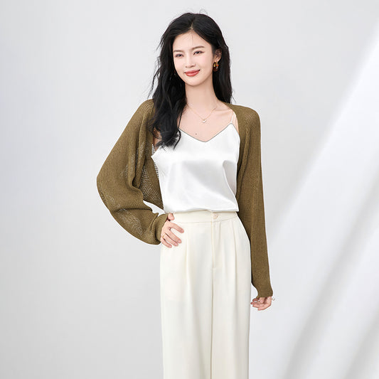French Ice Silk Knitted Sun-Proof Cardigan Top Women's Summer Thin Jacket Waistcoat Suspender Skirt Shawl Outer Match Blouse