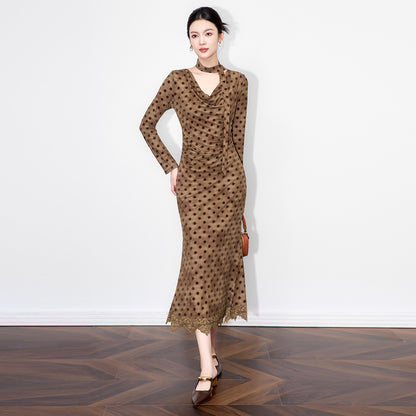 French Style Summer Long Sleeve Dress Women's V Neck Low Chest Polka Dot Print Slim Fit Long Sleeve Maxi Dress
