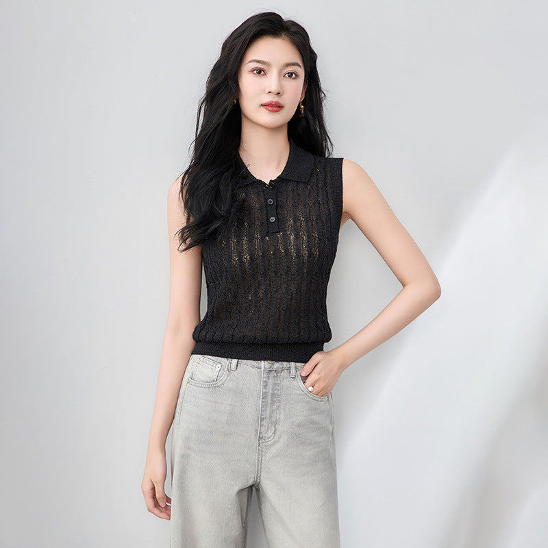 Retro Turquoise Polo Collar Knitted Vest Women's Summer New Style Sleeveless Shoulder Pad Top High-End Feeling Casual Wear