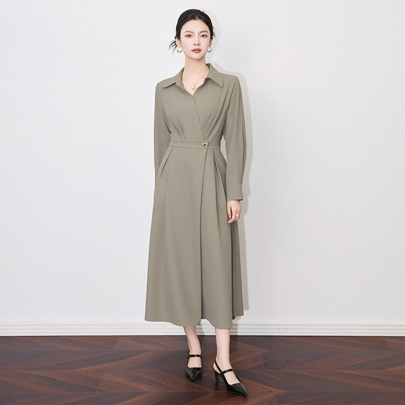 French Long-sleeve Shirt Dress for Women 2024 Autumn New A-line Office Lady Solid Midi Dresses Vestidos