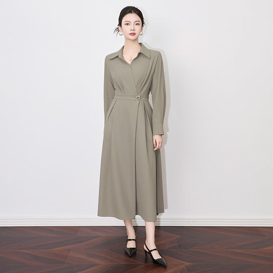 French Long-sleeve Shirt Dress for Women 2024 Autumn New A-line Office Lady Solid Midi Dresses Vestidos