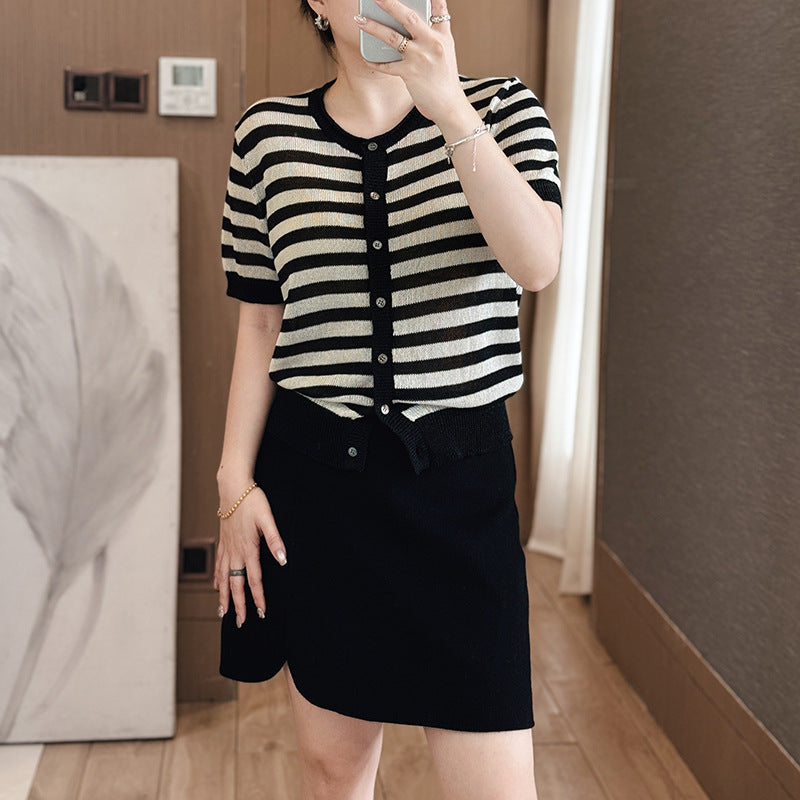 Thin Ice Silk Tee Shirt Femme 2023 Summer Casual Loose Top Short Sleeve Black T Shirt Women Pullover Tees V Neck Knitted Tshirts