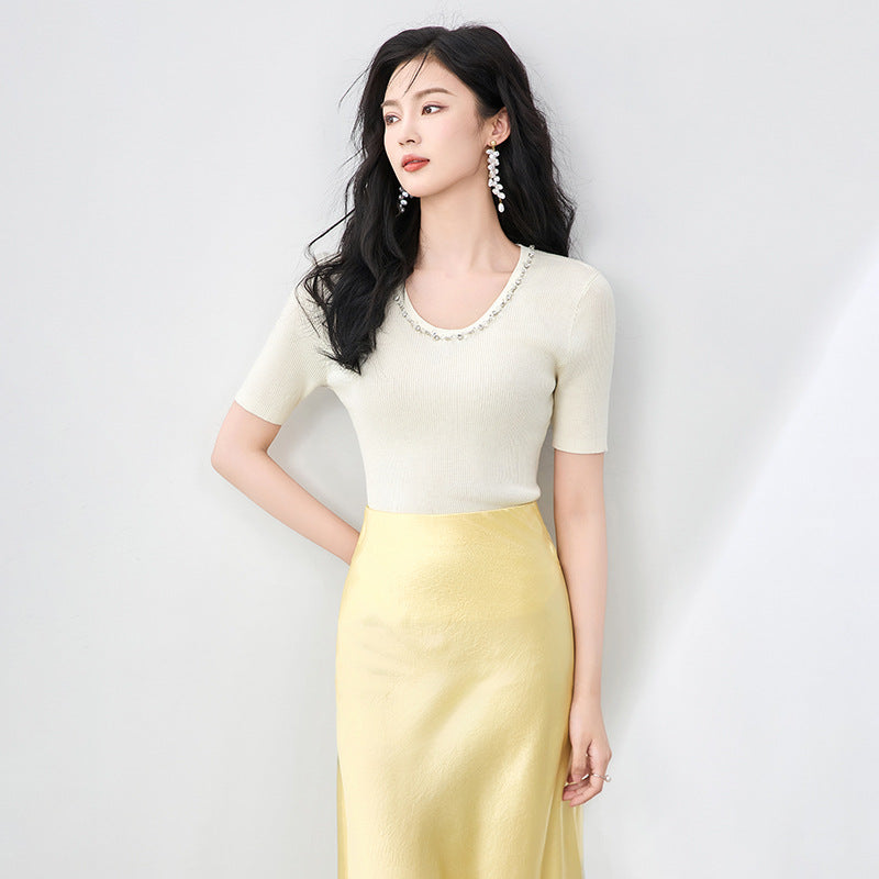 Heavyweight Round Neck Beaded Hook Knit Top Fashionable Slim Short Sleeve Summer Women's Shirt Design Sense Silk Knittedwear