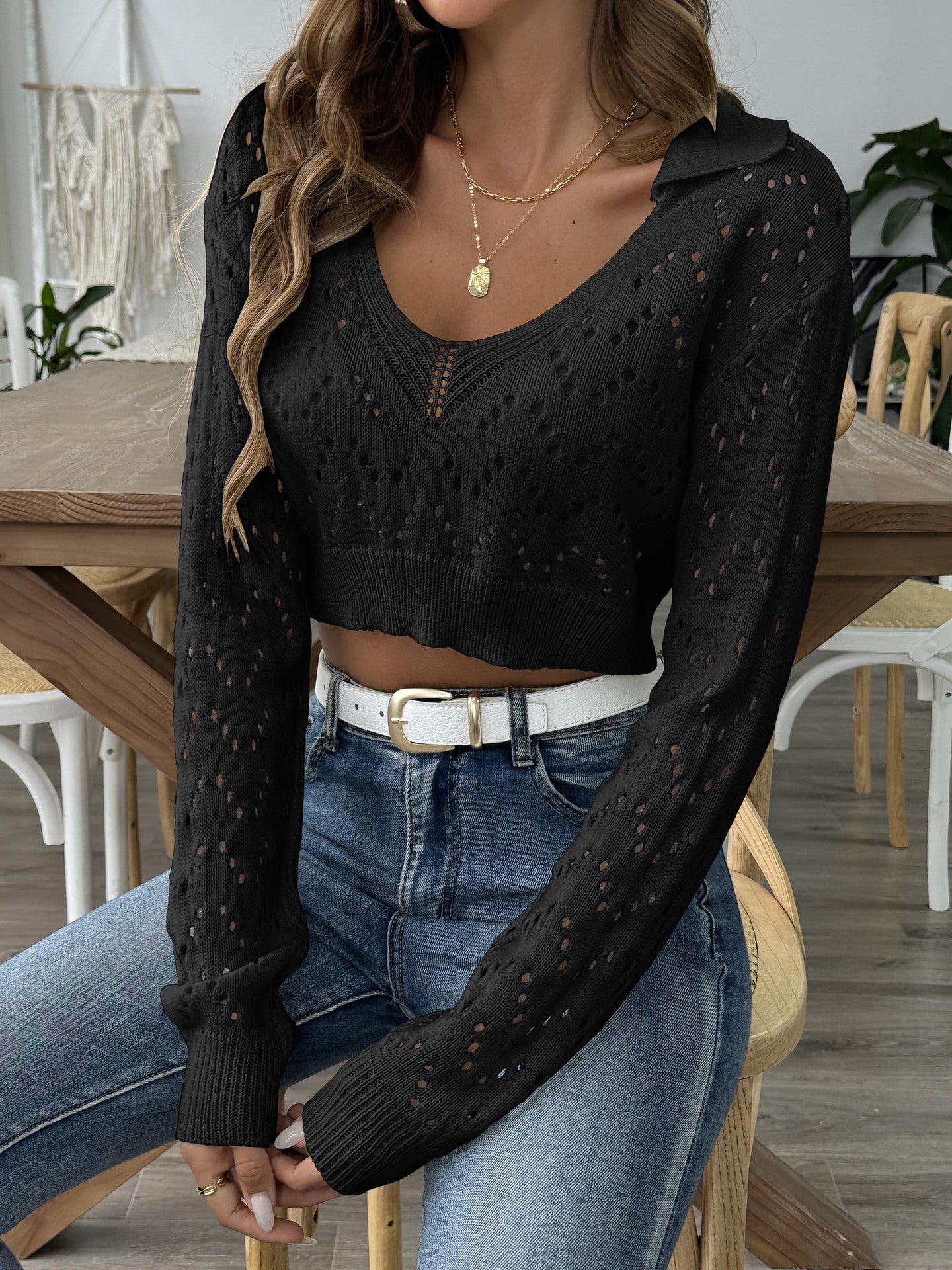 Women's Ort Svel Sweater Collar Hollow Out Design Overhead Sle Belly Baring Trendy Streetwear Knitwear