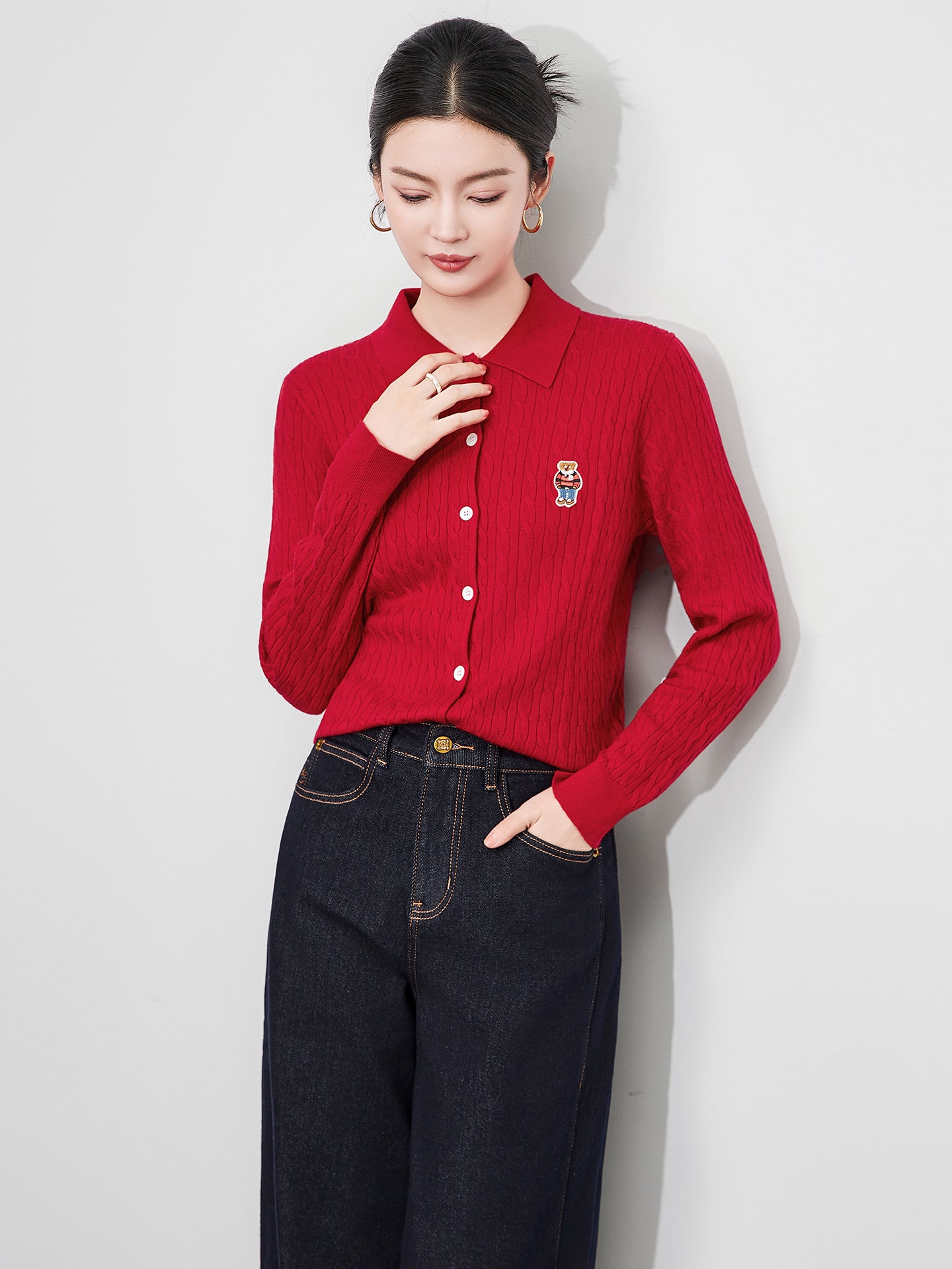 Autumn Winter Round Neck Solid Color Pullover Lantern Long Sleeve Button Sweater Knitted Elegant Casual Women's Clothing Tops