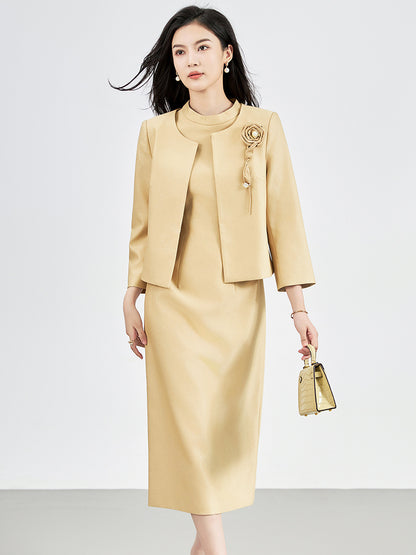 AutumnElegant Dresses for Women Designer Full Sleeve Short Jacket Top+Short Sleeve Dress 2 Piece Suit Yellow Vestidos