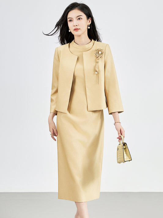 AutumnElegant Dresses for Women Designer Full Sleeve Short Jacket Top+Short Sleeve Dress 2 Piece Suit Yellow Vestidos