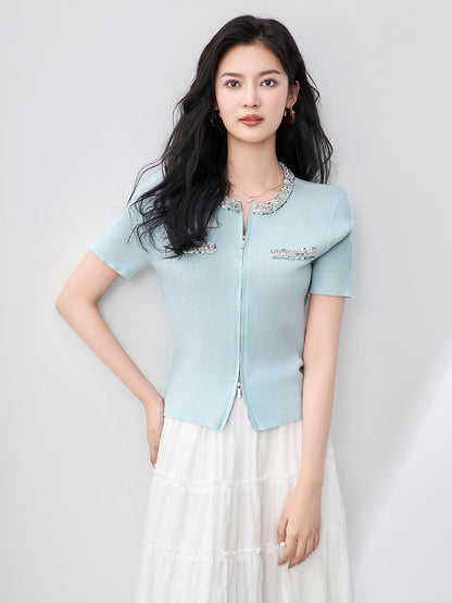 Women's Double Zipper Knit Cardigan Diamond Studded Nail Beaded Sequined Short Sleeve Slim Fit Sweater Knitwear Top for Female