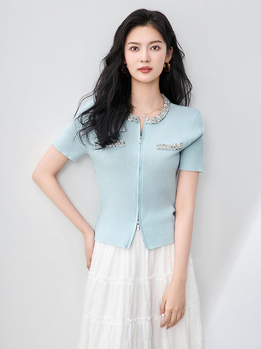 Women's Double Zipper Knit Cardigan Diamond Studded Nail Beaded Sequined Short Sleeve Slim Fit Sweater Knitwear Top for Female