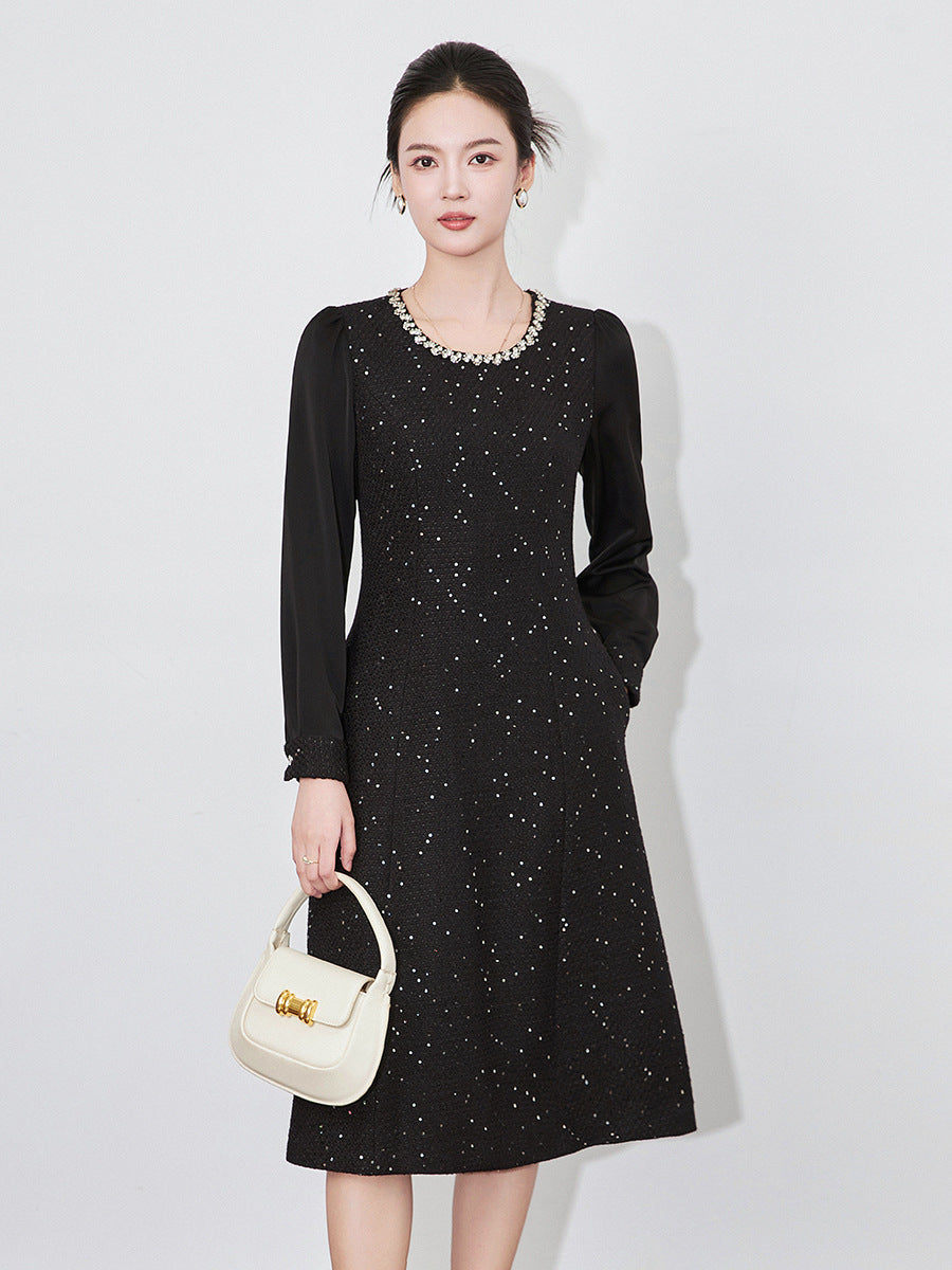 Chunky Tweed Elegant Mini Dress Designer Style Slim Fit Rhinestone Detail Long Sleeve Fall Winter Women Fashion Female Clothing