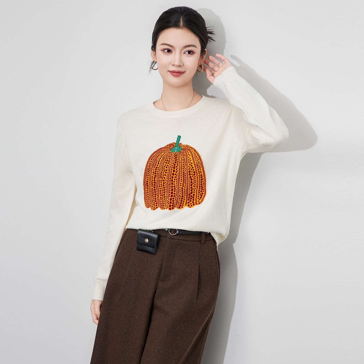 Winter ey Lazy Sle Knitting Women's Sweater 00%Pure Wool Long Sve round Ne Warm Cozy Woolen Top