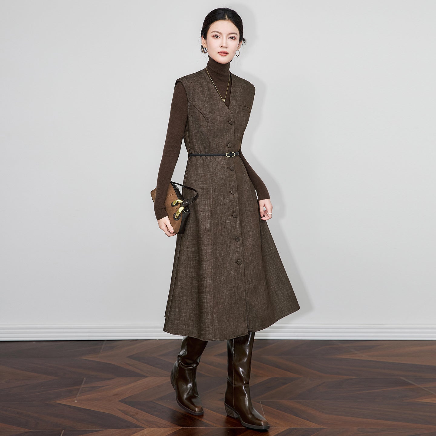 Autumn Winter New Women's Brown Wool Vest Skirt Fashion Slim Fit Woolen Sleeveless Long Dress French Retro Style