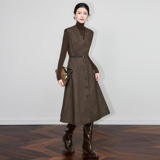 Autumn Winter New Women's Brown Wool Vest Skirt Fashion Slim Fit Woolen Sleeveless Long Dress French Retro Style