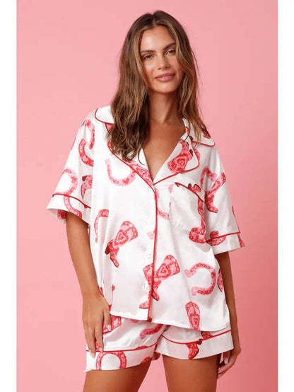 Women Spring Summer Pajama Set Heart/Boots Print Short Sleeve Button Closure Shirt with Shorts Loose Sleepwear Loungewear