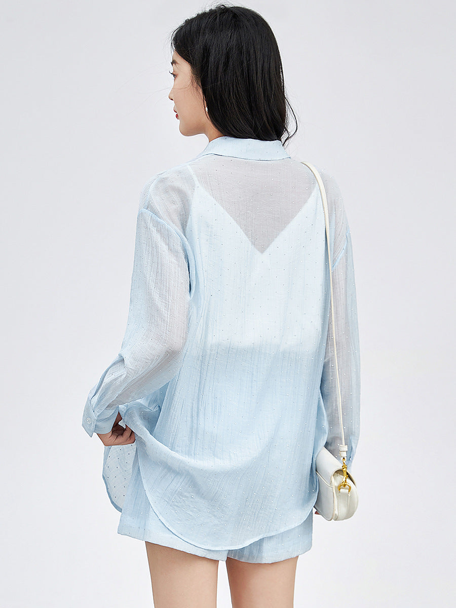 Loose Casual Sun Protection Shirt plus Elastic Waist Shorts Linen Set Comfortable Draped Feeling Lazy Style