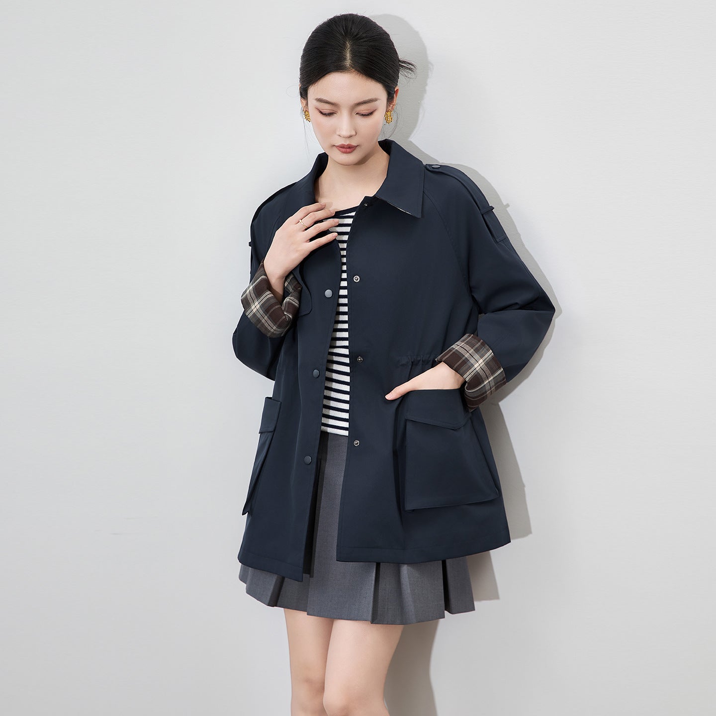 Elegant Plaid Midi Length Commuter Style Women's Coat Jacket Casual Chic Polyester Viscose Blend Long Sleeve Button up
