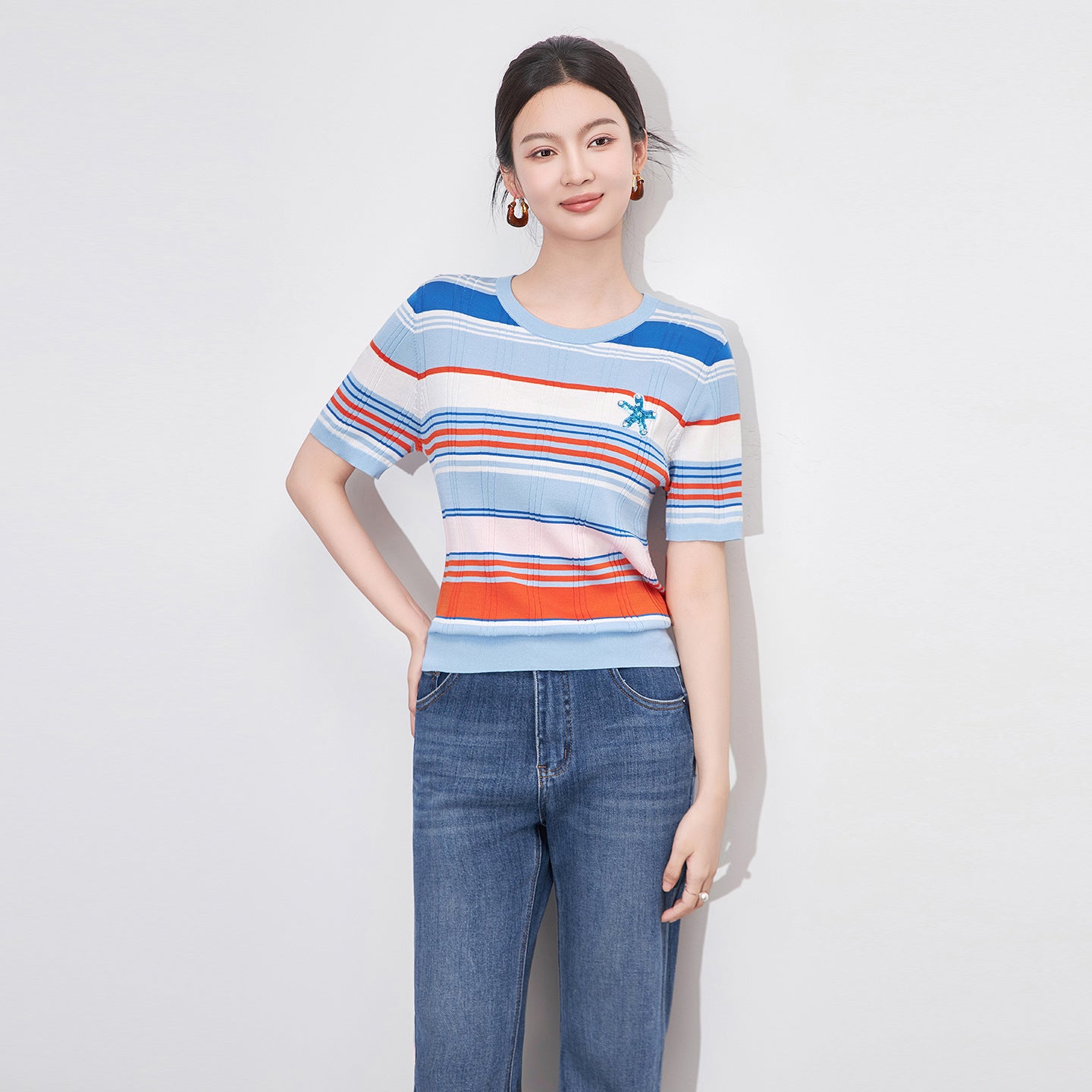 Women's Slim Fit round Ne ort Sve Striped Knitted Top Faionable Casual Sle Polyester Fiber Batwing Sve
