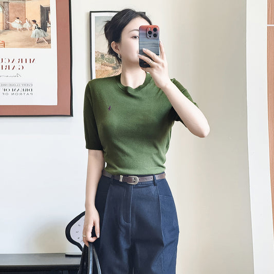 New Fashion Casual Round Neck Embroidered Short Sleeve T-Shirt Base Shirt Women Inner Wear Simple Match All Shoulder