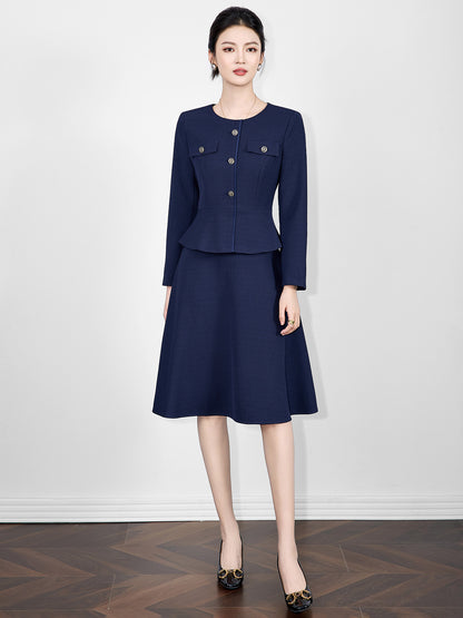 French Elegant Commuting Round Neck Long Sleeve High Waist Slim A-line Simple Fashion Temperament Long Dress for Women in Autumn