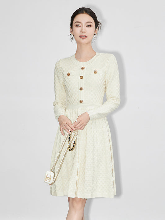Autumn Winter Long Sleeve Knitting Sweater Dresses for Women New Designer Buttons Solid Fashion Pleated Knee Length Dress