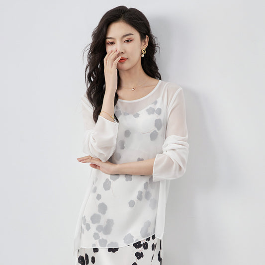 Silk Long Sleeve Round Neck T-Shirt Women's Micro Translucent Sexy Large Flower Cutout Spring 2025 Artistic Retro Style