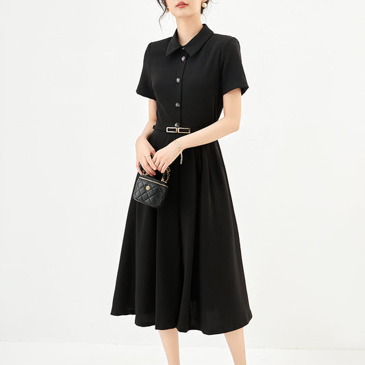 Women Elegant Brief Style Turn down Collar Summer Midi Dress Short Sleeve Solid Pink Black A-Line Casual Office Dress