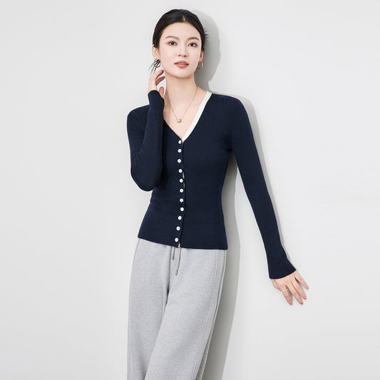 French Vintage V-neck Color Block Knitwear Slim Fit Long Sleeve Women's Fashionable Versatile Commute Style