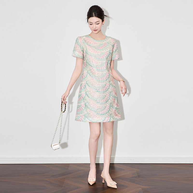 French Elegant Heavy Industry Embroidery Crew Neck Short Sleeve High Waist Slim A-line Temperament Socialite Summer Dress Women