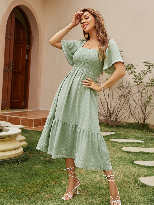 Female Vestidos Sexy Elegant Square Neck A-line Polka Dot Print Puff-sleeved Robe Casual Commuter Beach Street Pastoral Dresses