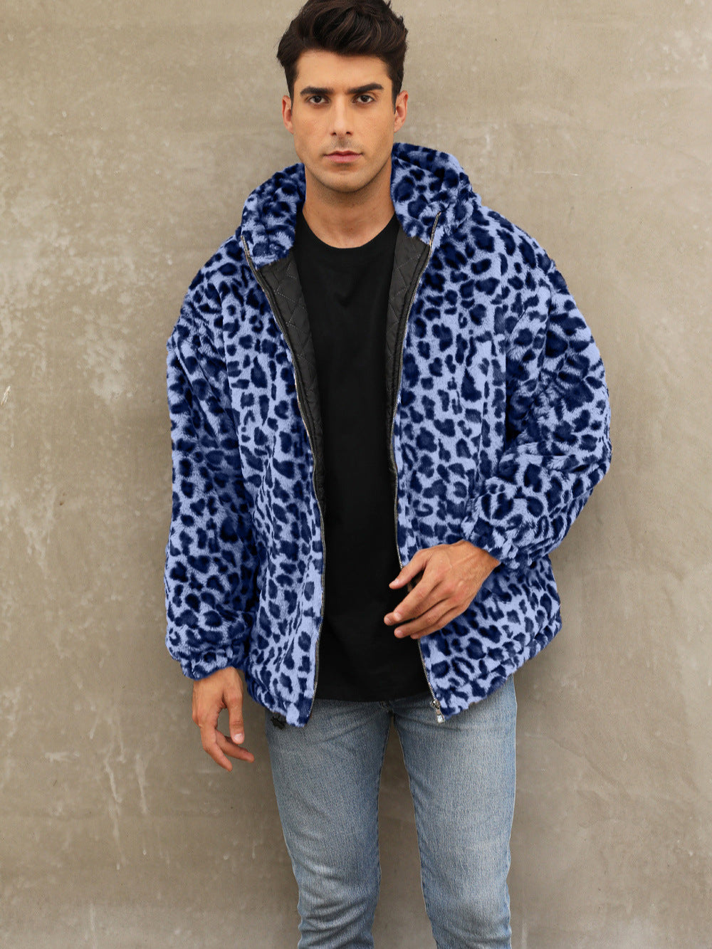 Autumn and Winter Warm Plush Leopard Print Jacket Imitation Fur Zipper Hooded Jacket for Men