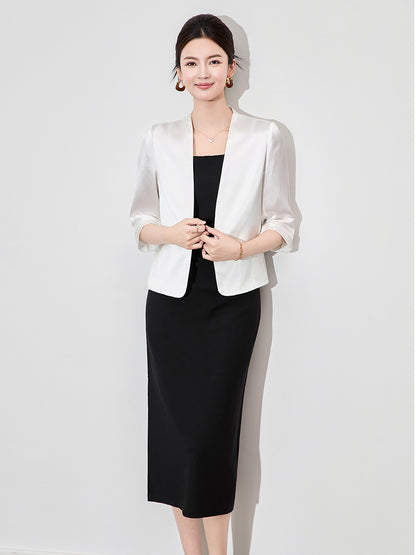 Spring Summer Pure Color Acetate Suit Jacket Women's Short Five Sleeve Collarless Versatile Stylish Single Piece Blazer