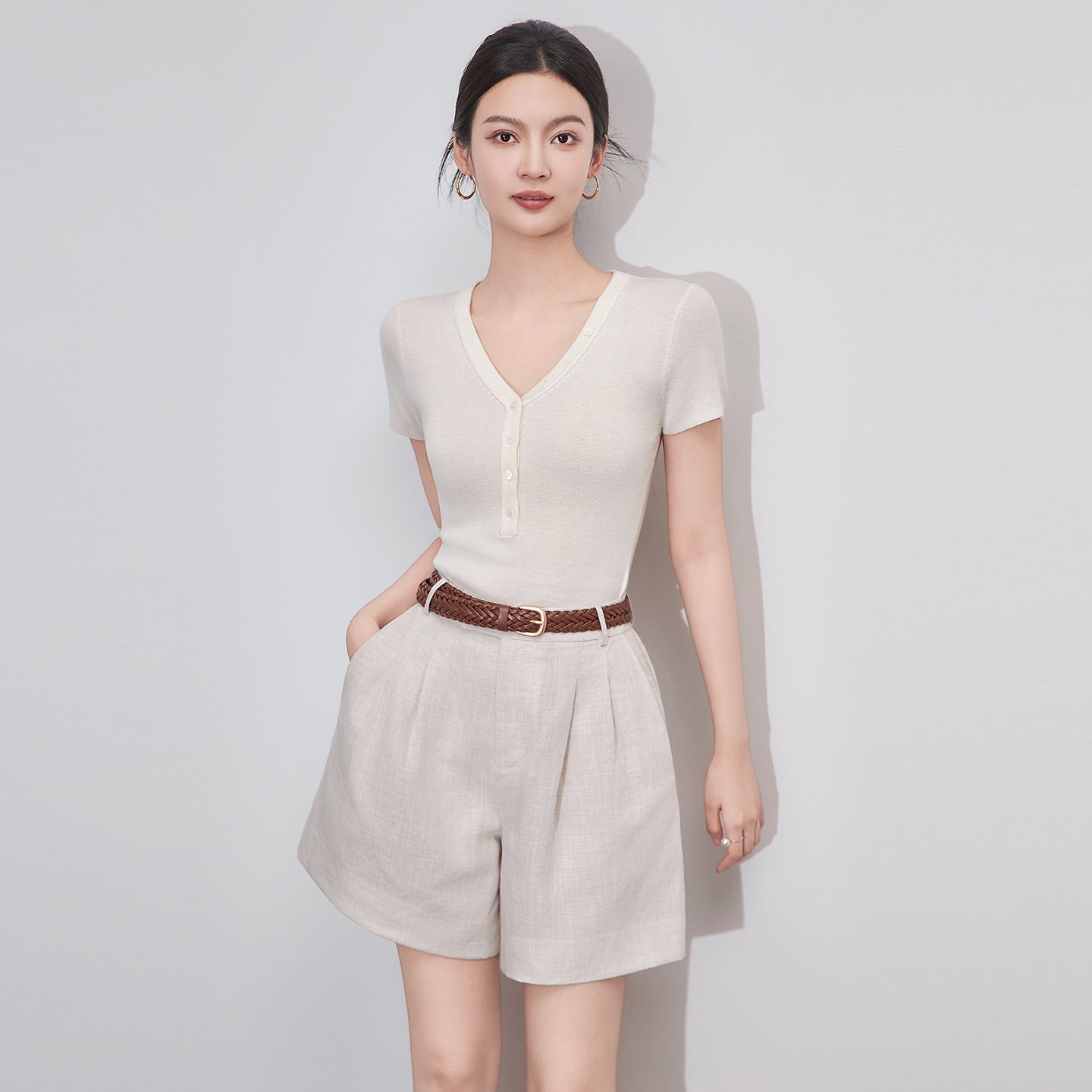 Slim Fit V-Ne Ort Sve T-irt Women's Casual Sle Cotton Blend Comfortable Breathable Summer Top Faionable Design