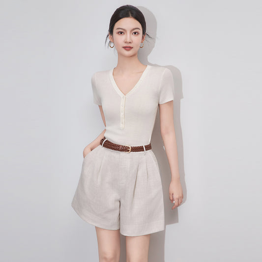 Slim Fit V-Ne Ort Sve T-irt Women's Casual Sle Cotton Blend Comfortable Breathable Summer Top Faionable Design