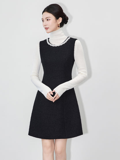 French Chic Style Tweed Vest Dress Women Beaded Pearls A-line Slim Waist Belt Elegant Mini Dress Fashion New Fall Winter Outfit