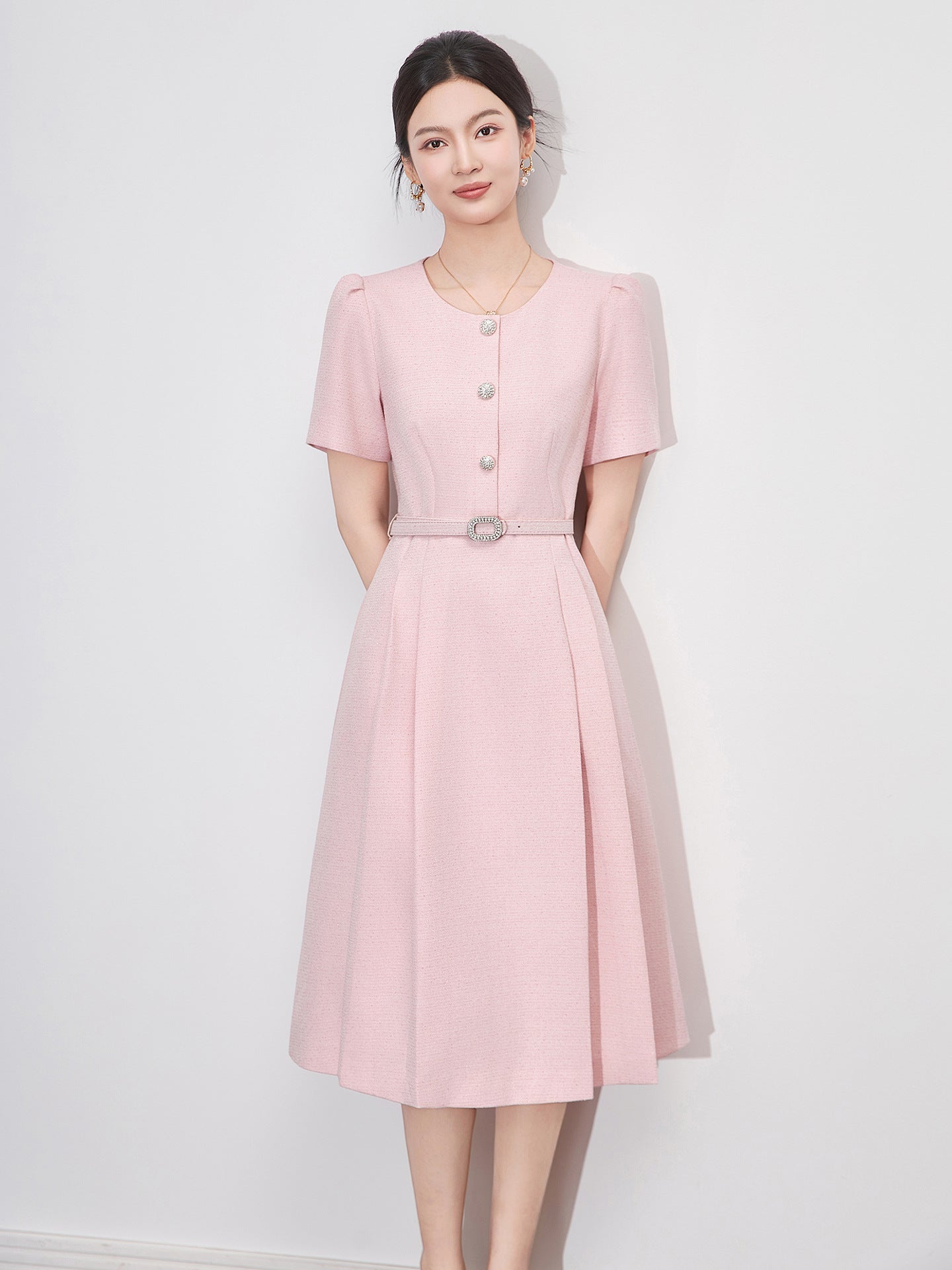 Slimming High Waist Short Sleeve V-Neck Fashion Design Dress Knee-Length A- Line Silhouette Stand Collar Unique Style Summer Dre