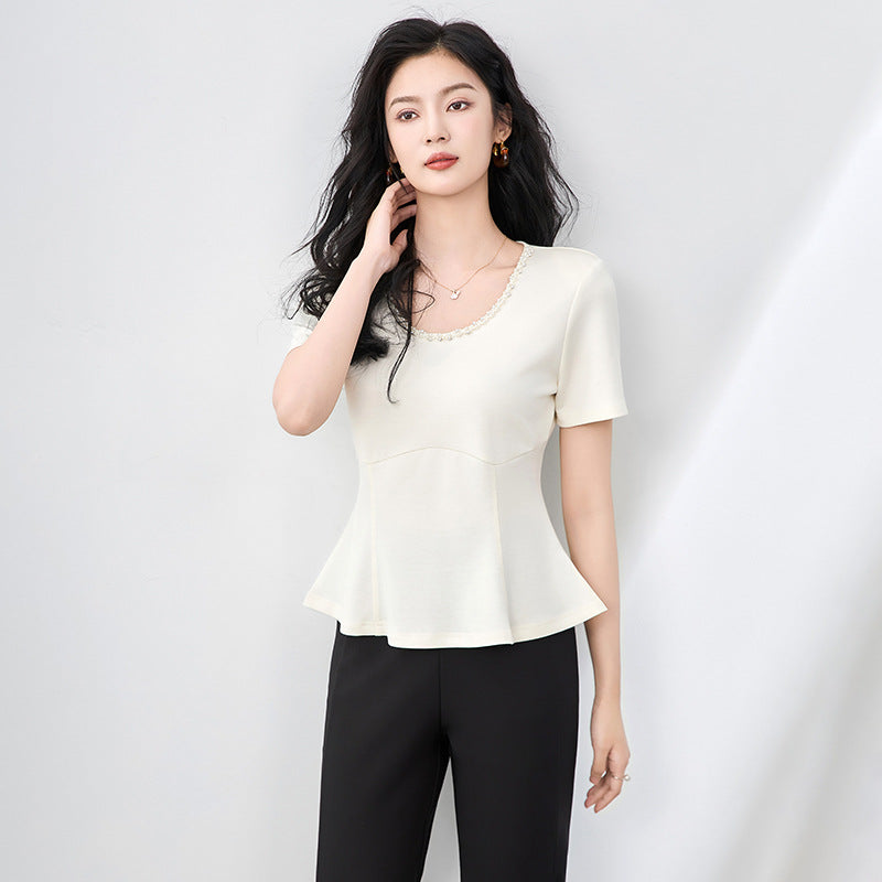 Women's Ruffle Sleeveless T-shirt Summer Slimming Hide Belly Meat Concealing Crew Neck Solid Color Top