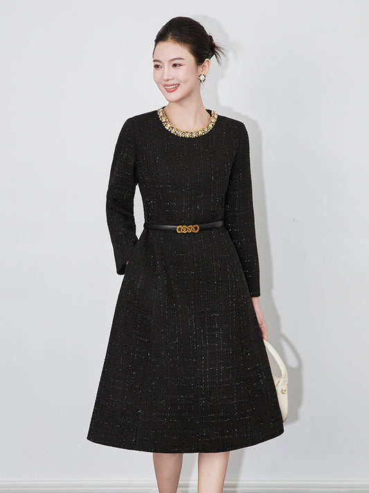 Heavy Duty Round Neck Gold Diamond Glitter Yarn Fashion Dress Women Autumn Winter