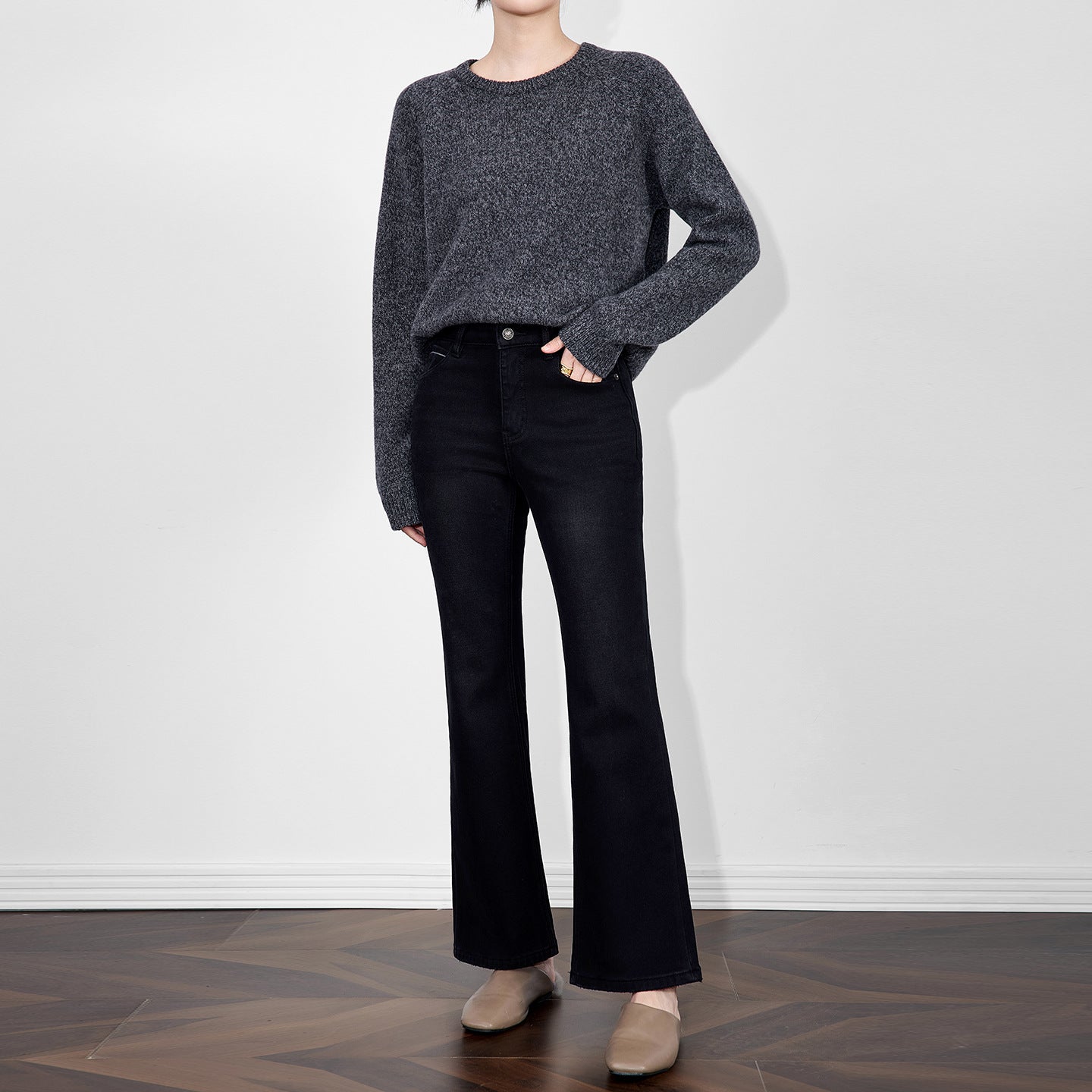 Gray Wool Knitted Sweater Women's Comfortable Warm Slimming Style Vintage Lazy Fashion Autumn Winter New Arrival Crew Neck Full
