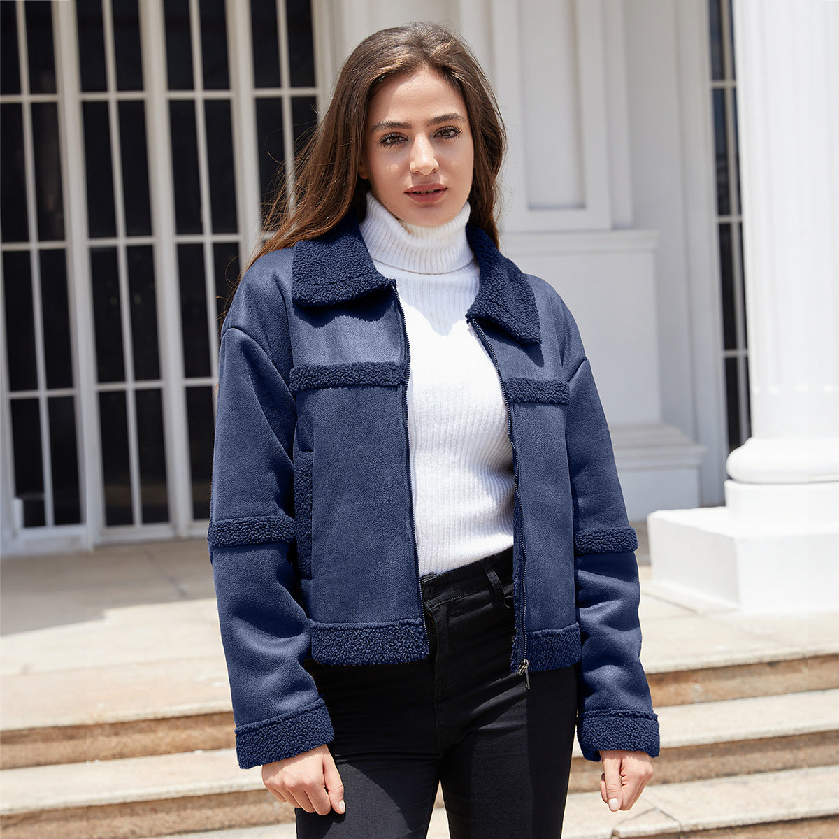 Faionable Women's Suede Jaet Autumn Winter New Sle Windproof Fce Lined Outerwear Commute Sle Long Sve Zipper