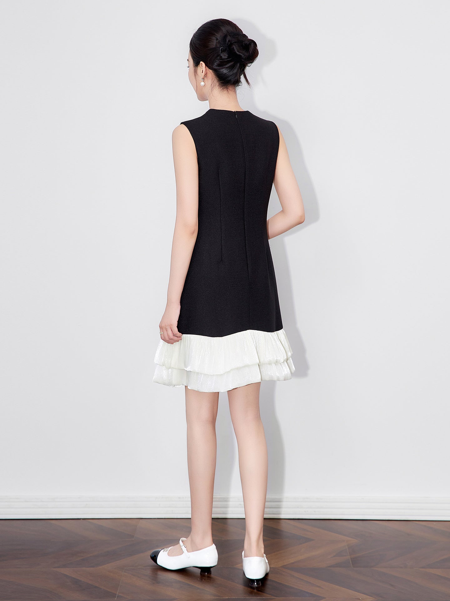 Autumn Designer Women's Beading Sleeveless Dress Hit Color Ruffle Patchwork Black Tank Casual Party Dresses Vestidos Female