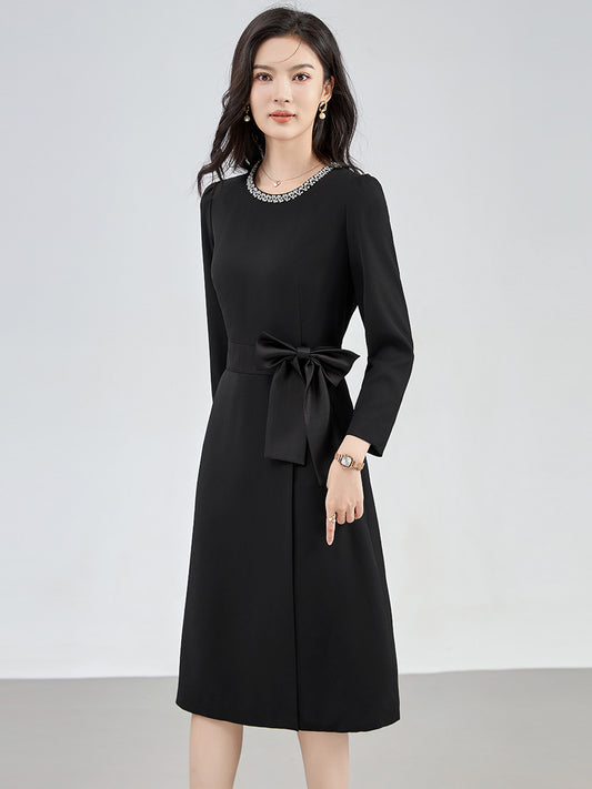 Een Heavy-du Bead Women's Dr Slimming A-line Skirt Sle Ort Sve Round Ne Zipper Closure Commute Suitable Autumn