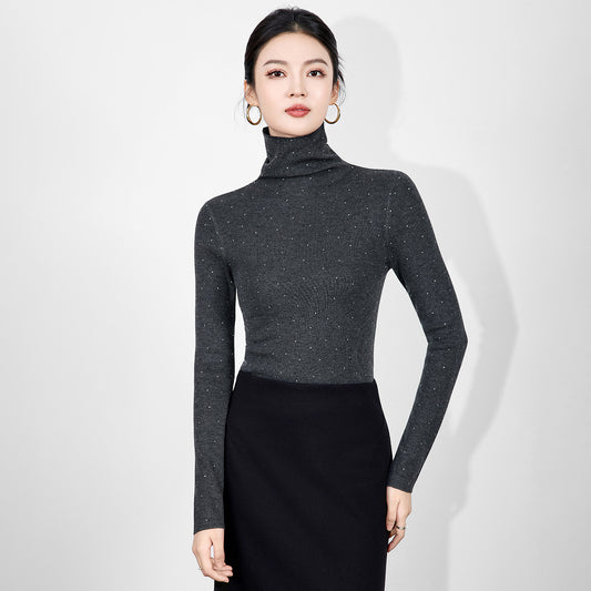 Fashionable High Neck Knitwear Women's Autumn Winter New Style Rhinestone Slimming Ageless Base Shirt Inner Wear Top
