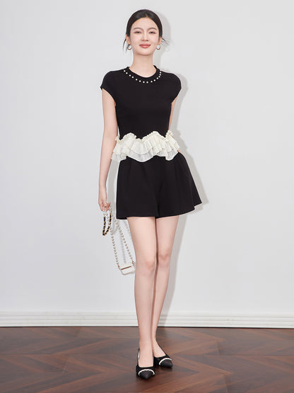 Comfortable Knitted Summer Dress for Students with Heat-Sealed Lace Short Sleeve Round Neckline Knee-Length Polyester Fiber
