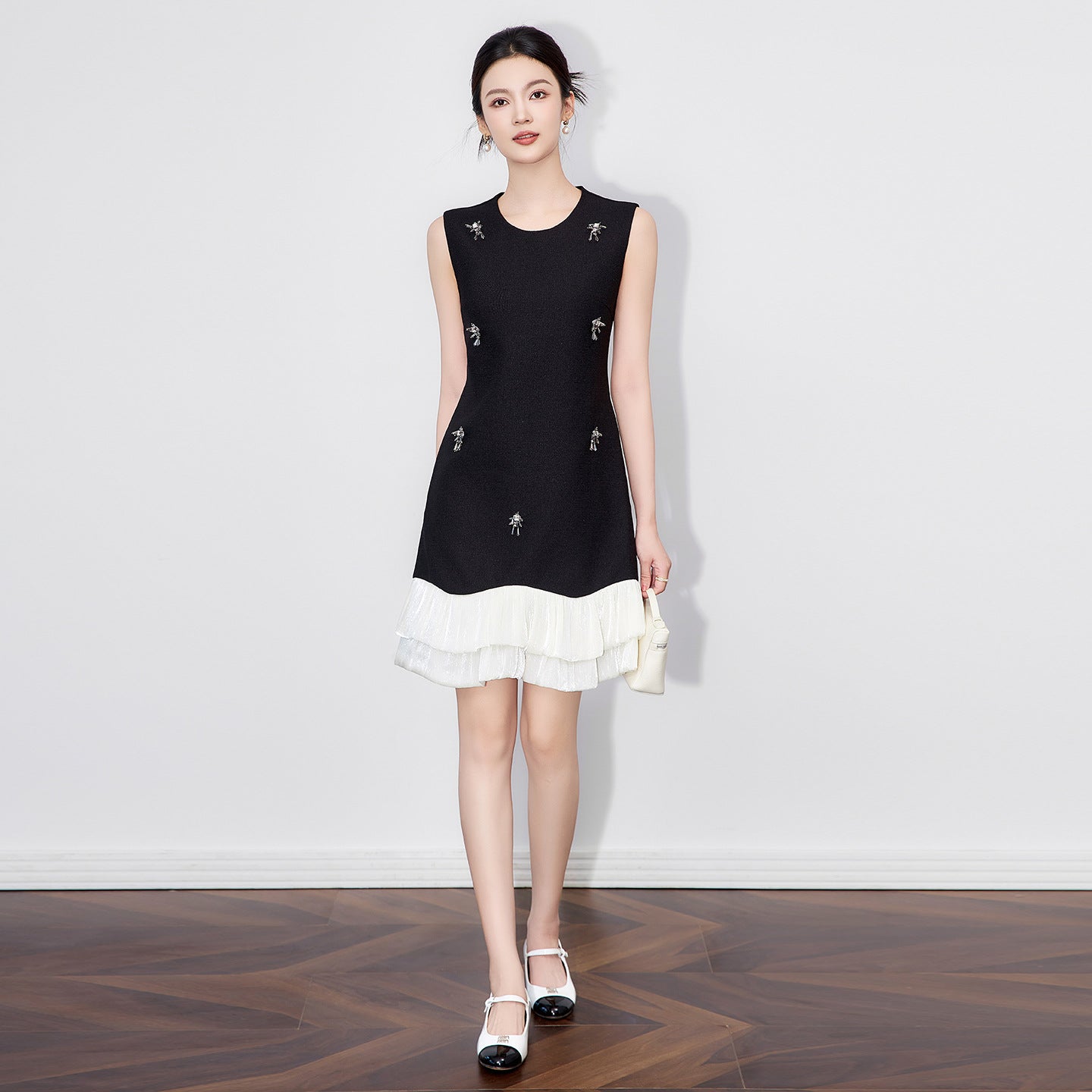 Autumn Designer Women's Beading Sleeveless Dress Hit Color Ruffle Patchwork Black Tank Casual Party Dresses Vestidos Female