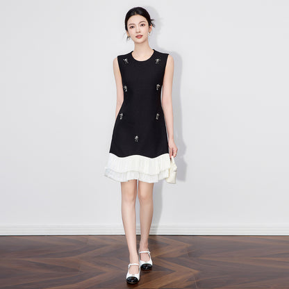 Autumn Designer Women's Beading Sleeveless Dress Hit Color Ruffle Patchwork Black Tank Casual Party Dresses Vestidos Female